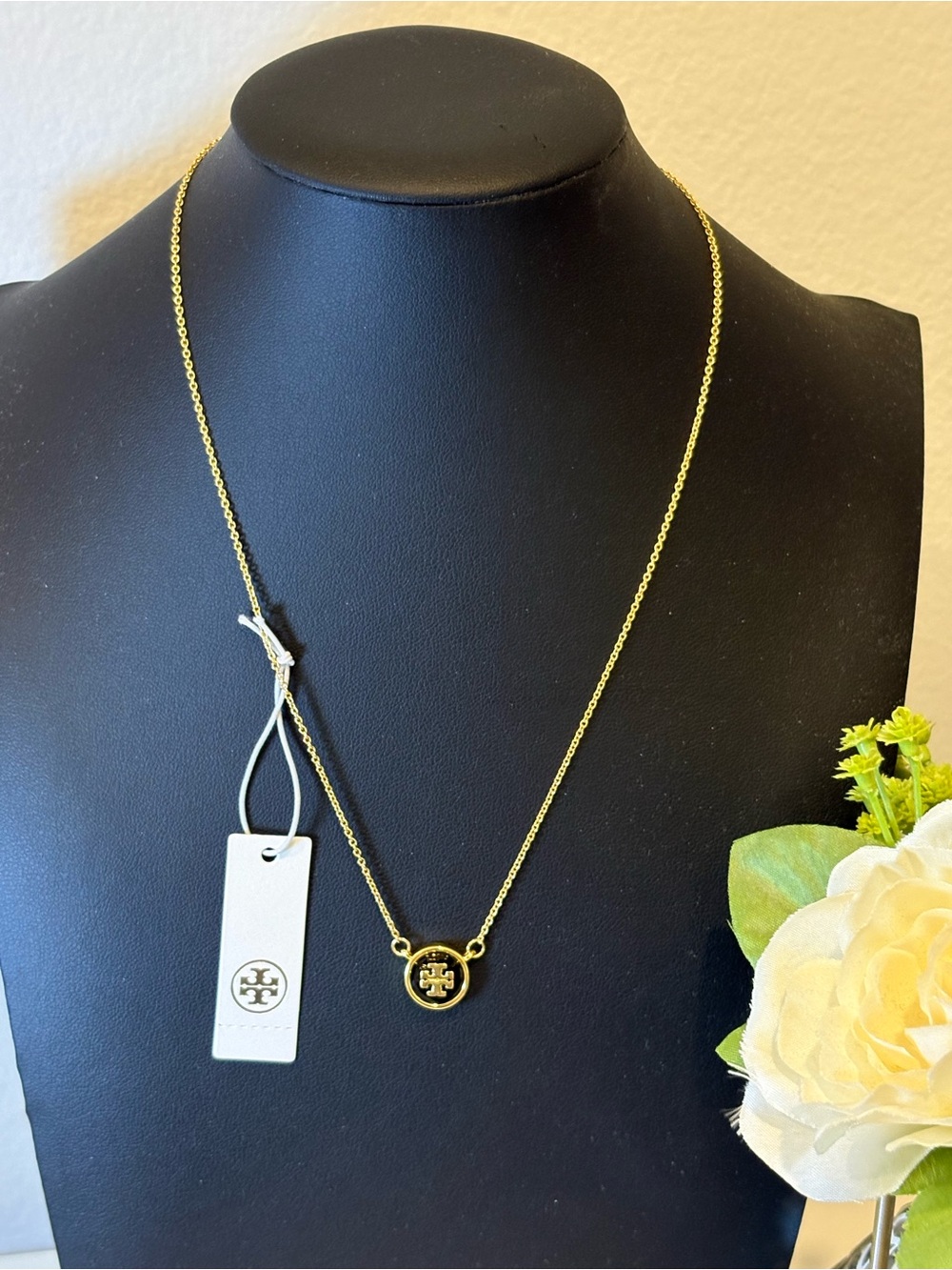 Tory Burch Gold Logo & Black Enamel Pendant Necklace